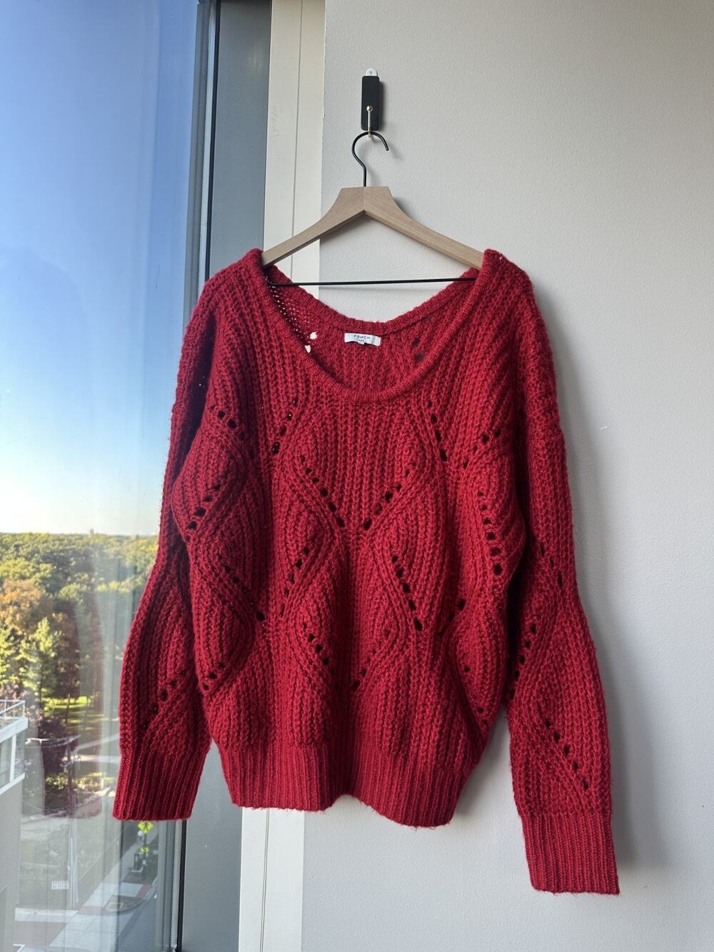 FRNCH Paris Red Oversized Slouchy U Neck Open Knit Pullover Sweater Sz M/L